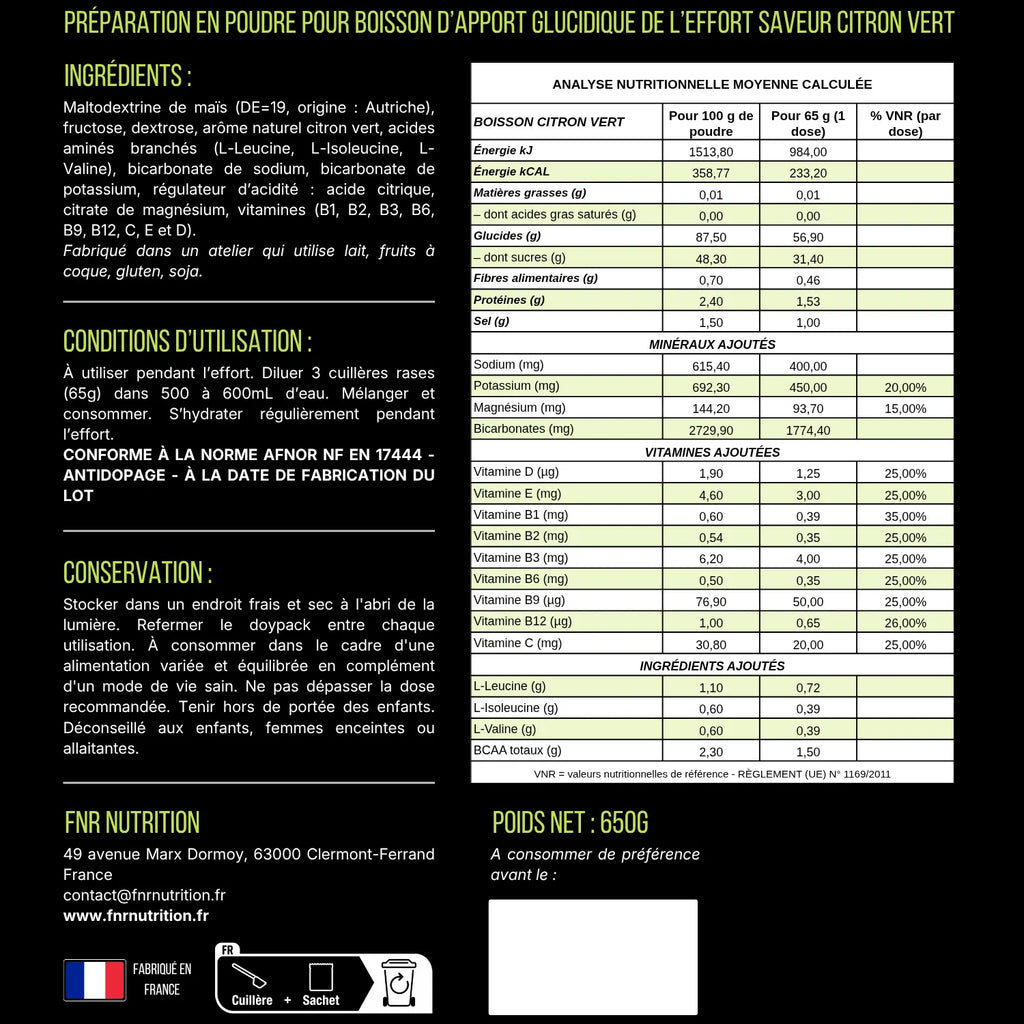 Boisson Endurance - ingredients et tableau nutritionnel gout Citron vert FNR Nutrition