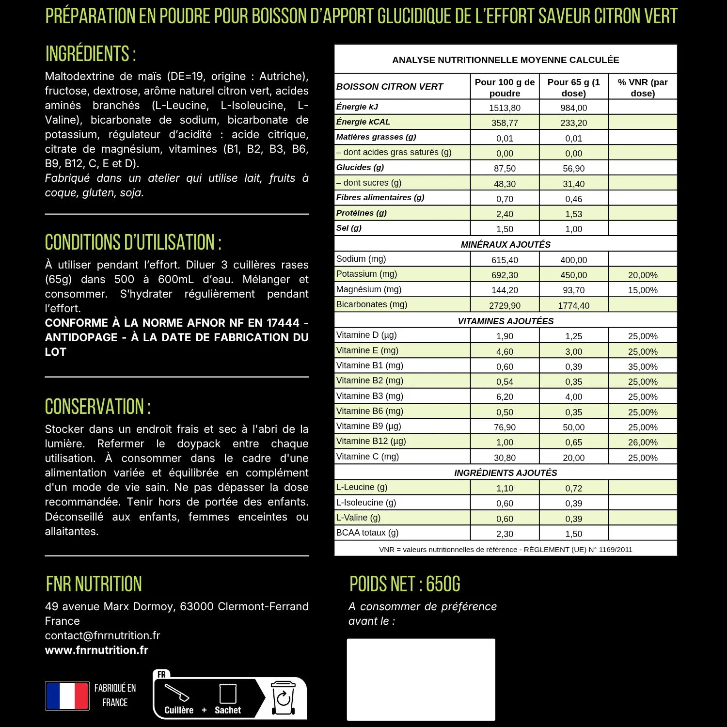 Boisson Endurance - ingredients et tableau nutritionnel gout Citron vert FNR Nutrition