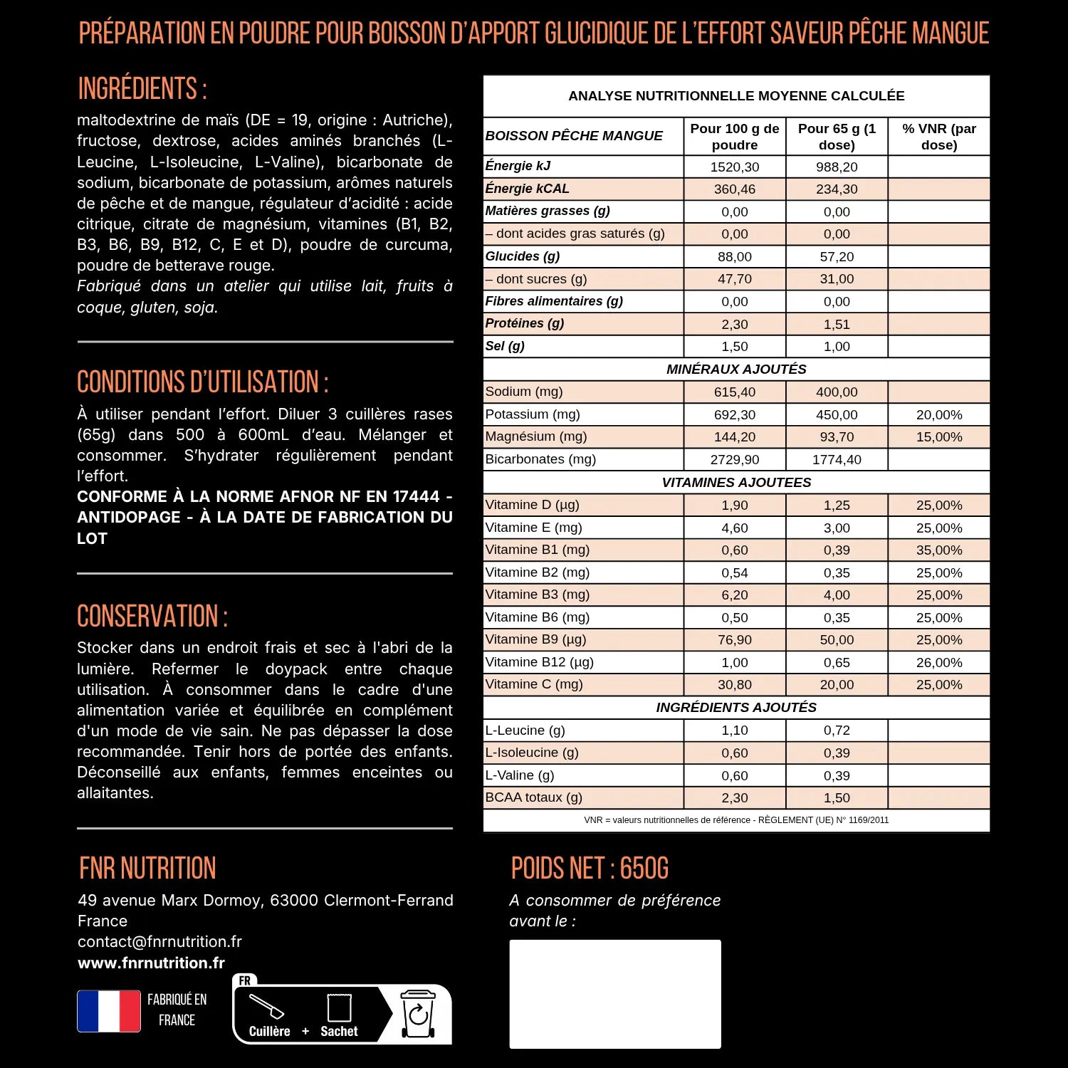 Boisson Endurance - ingredients et tableau nutritionnel gout Mangue Pêche FNR Nutrition